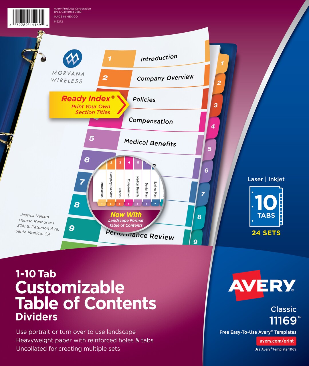 Avery Ready Index 10 Tab Binder Dividers, Customizable Table of Contents, Multicolor Tabs, 24 Sets (11169)